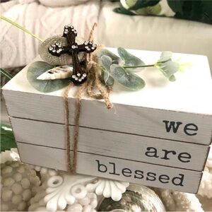 New! “We are blessed” White Wood Book Stack + Rhinestone Cross & Sea Urchin